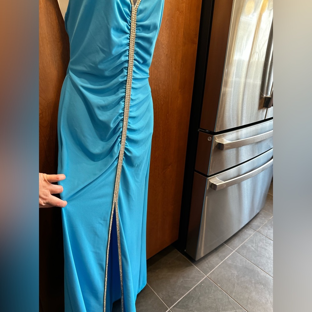 Vintage Y2K Prom Betsy & Adam Turquoise Halter Ruched Gown with Rhinestones - Picture 2 of 5